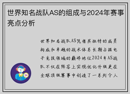 世界知名战队AS的组成与2024年赛事亮点分析