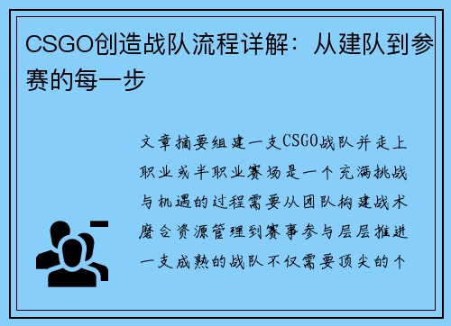 CSGO创造战队流程详解：从建队到参赛的每一步