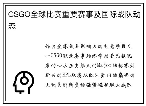 CSGO全球比赛重要赛事及国际战队动态